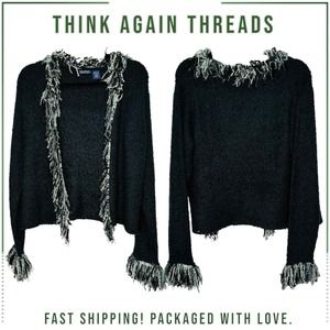 Wind River Fringe Trim Open-Front Cardigan Sweater Black Size Large